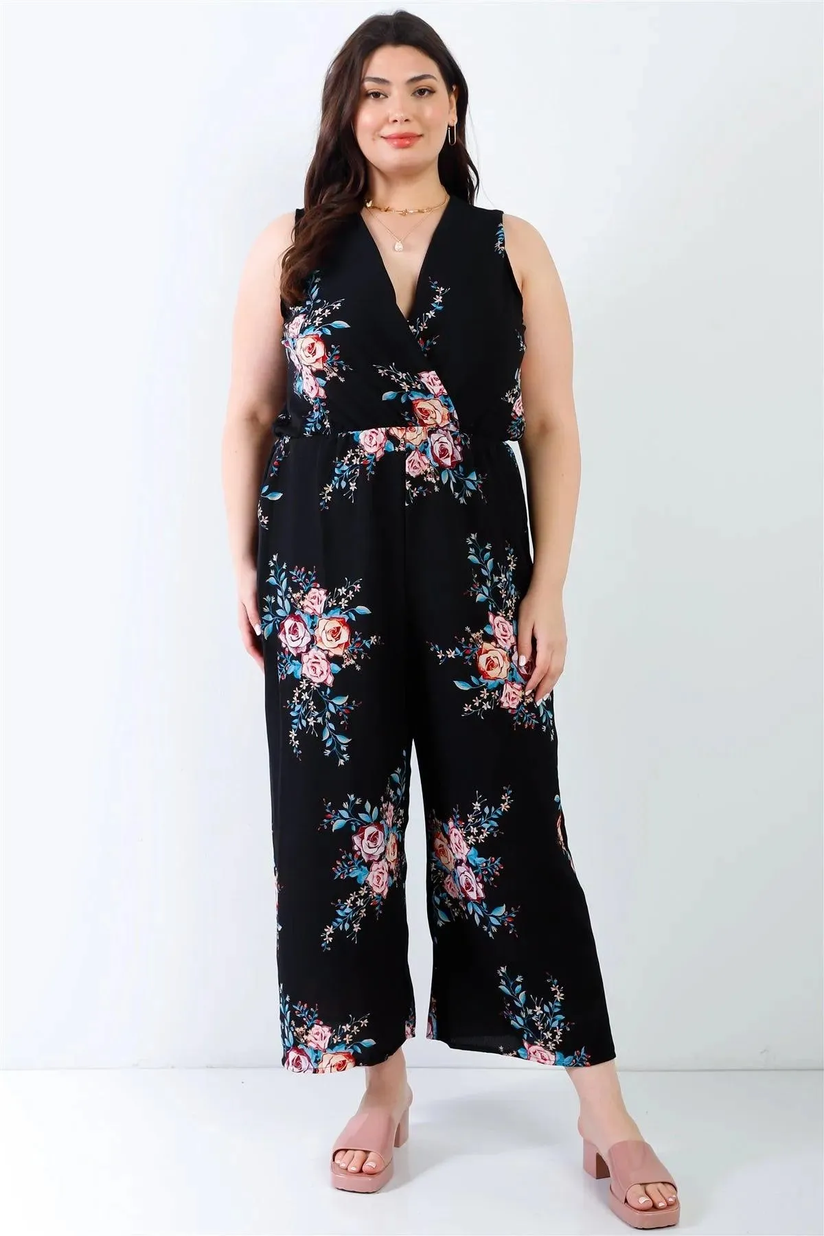 Junior Plus Black Flower Print Wrap V-Neck Back Self-Tie Detail Sleeveless Jumpsuit /2-2-2