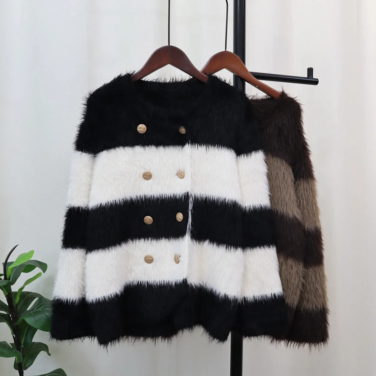 Knitted Women's Striped Warm Faux Fur Loose Cardigan Sweater