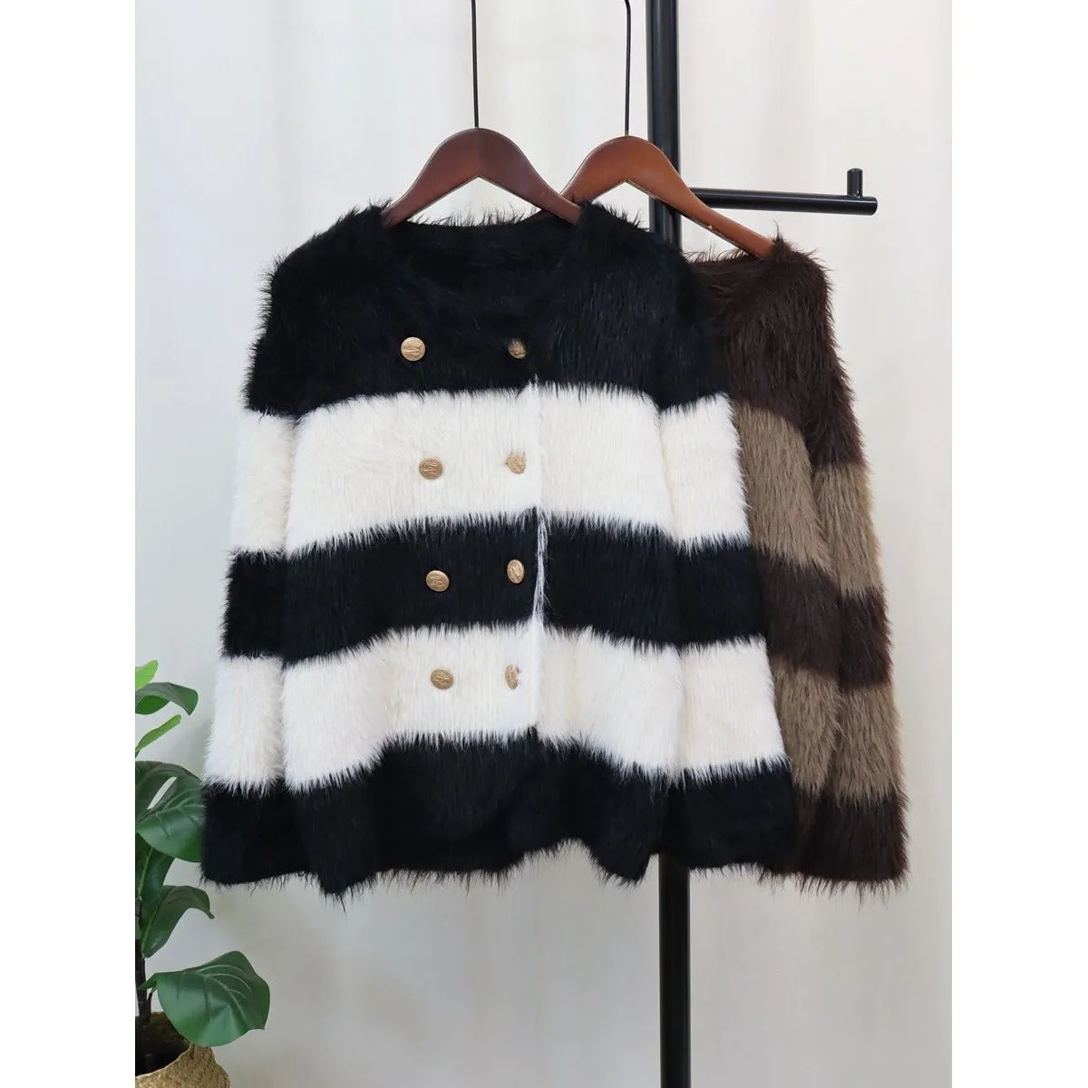 Knitted Women's Striped Warm Faux Fur Loose Cardigan Sweater