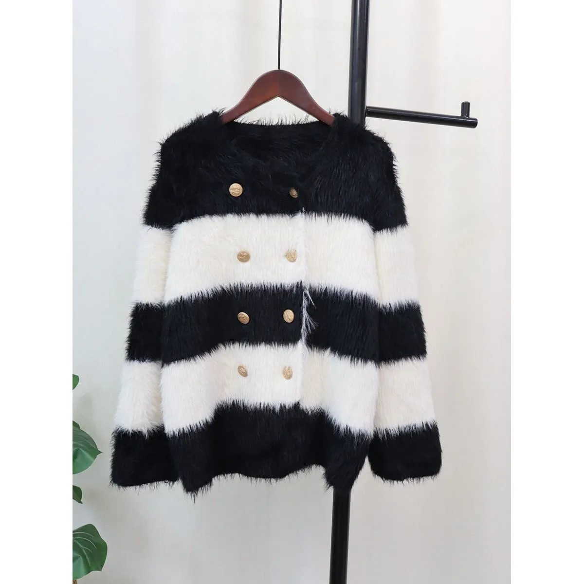 Knitted Women's Striped Warm Faux Fur Loose Cardigan Sweater