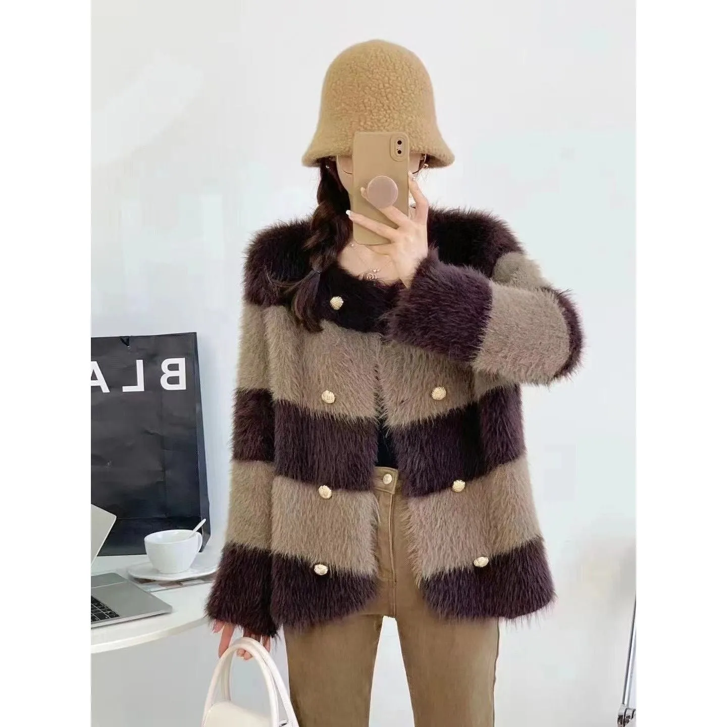 Knitted Women's Striped Warm Faux Fur Loose Cardigan Sweater