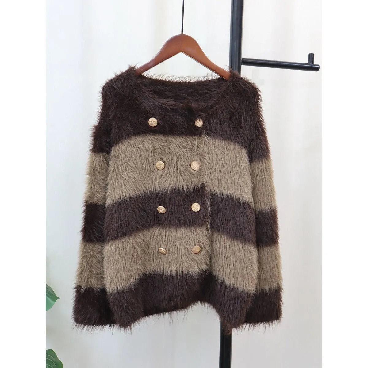 Knitted Women's Striped Warm Faux Fur Loose Cardigan Sweater