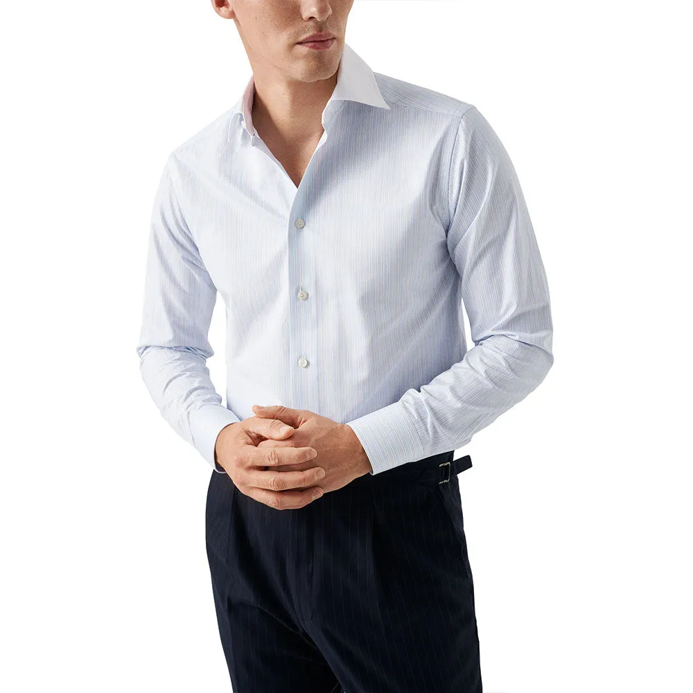 Light Blue Striped Contrast Collar Signature Twill Shirt