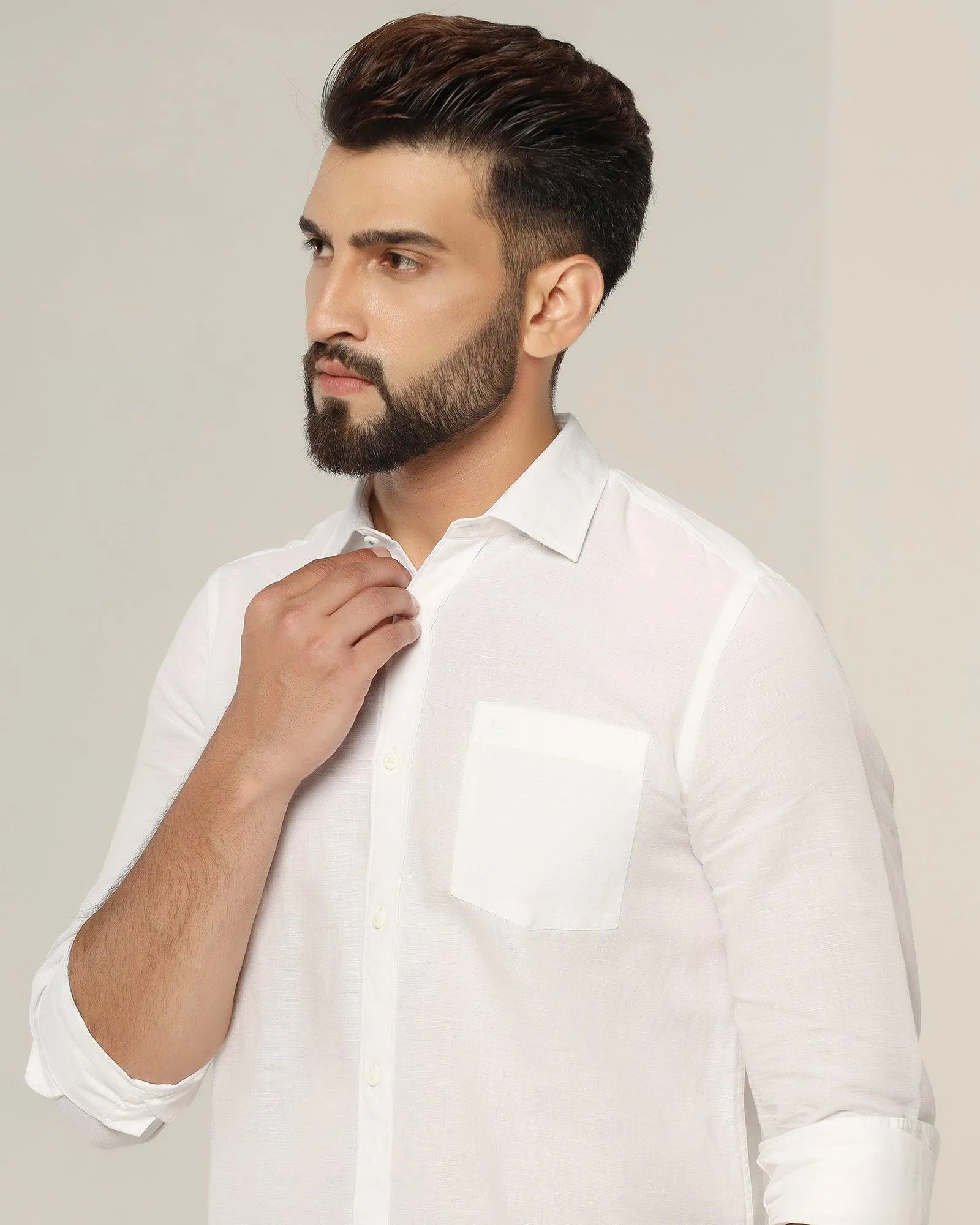 Linen Casual White Solid Shirt - Salmon