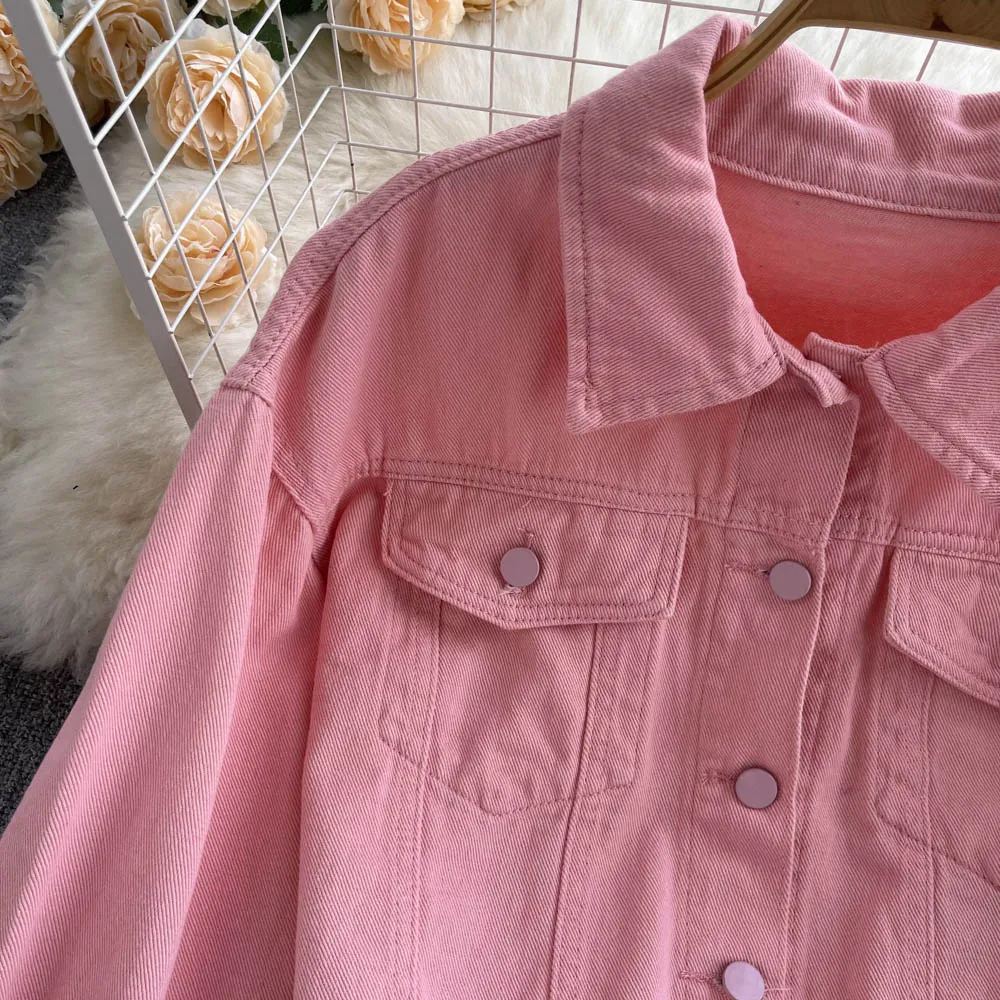 Loose Versatile Pink Denim Jacket