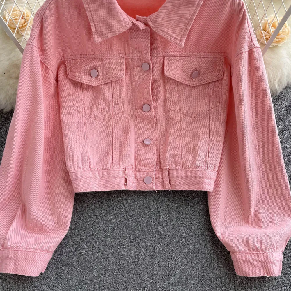 Loose Versatile Pink Denim Jacket