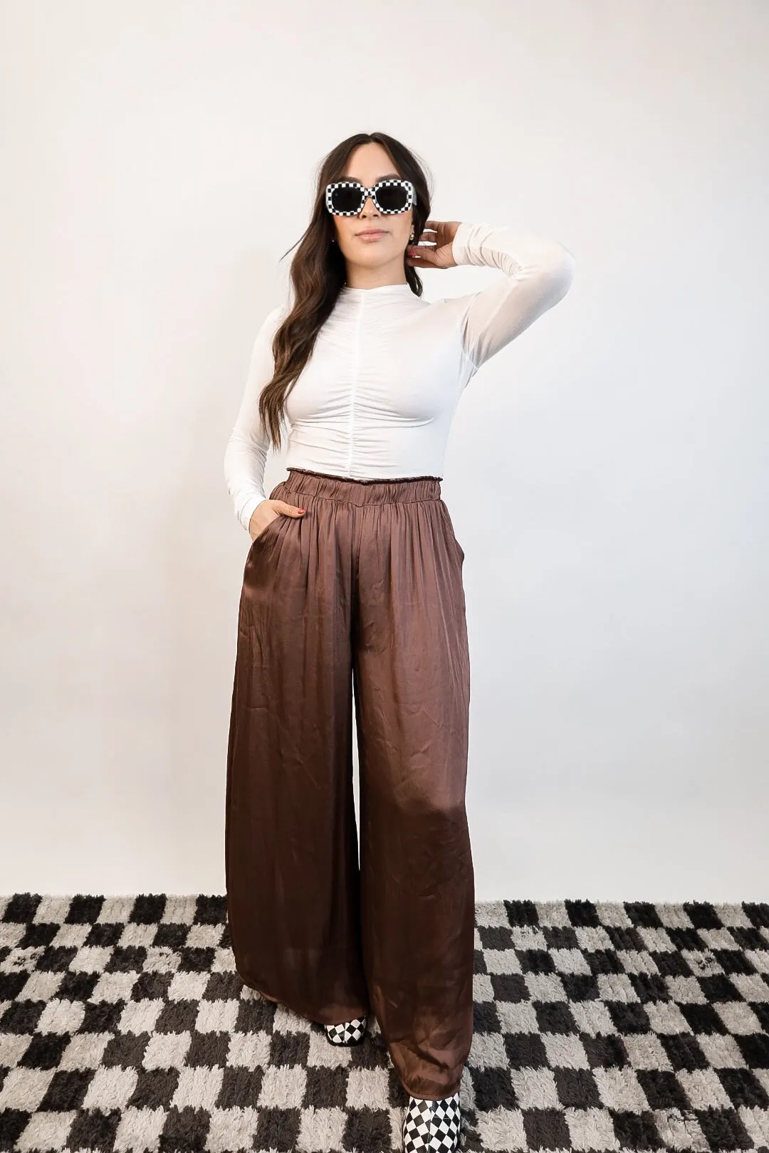 Lourdes Satin Wide-Leg Pants - Espresso