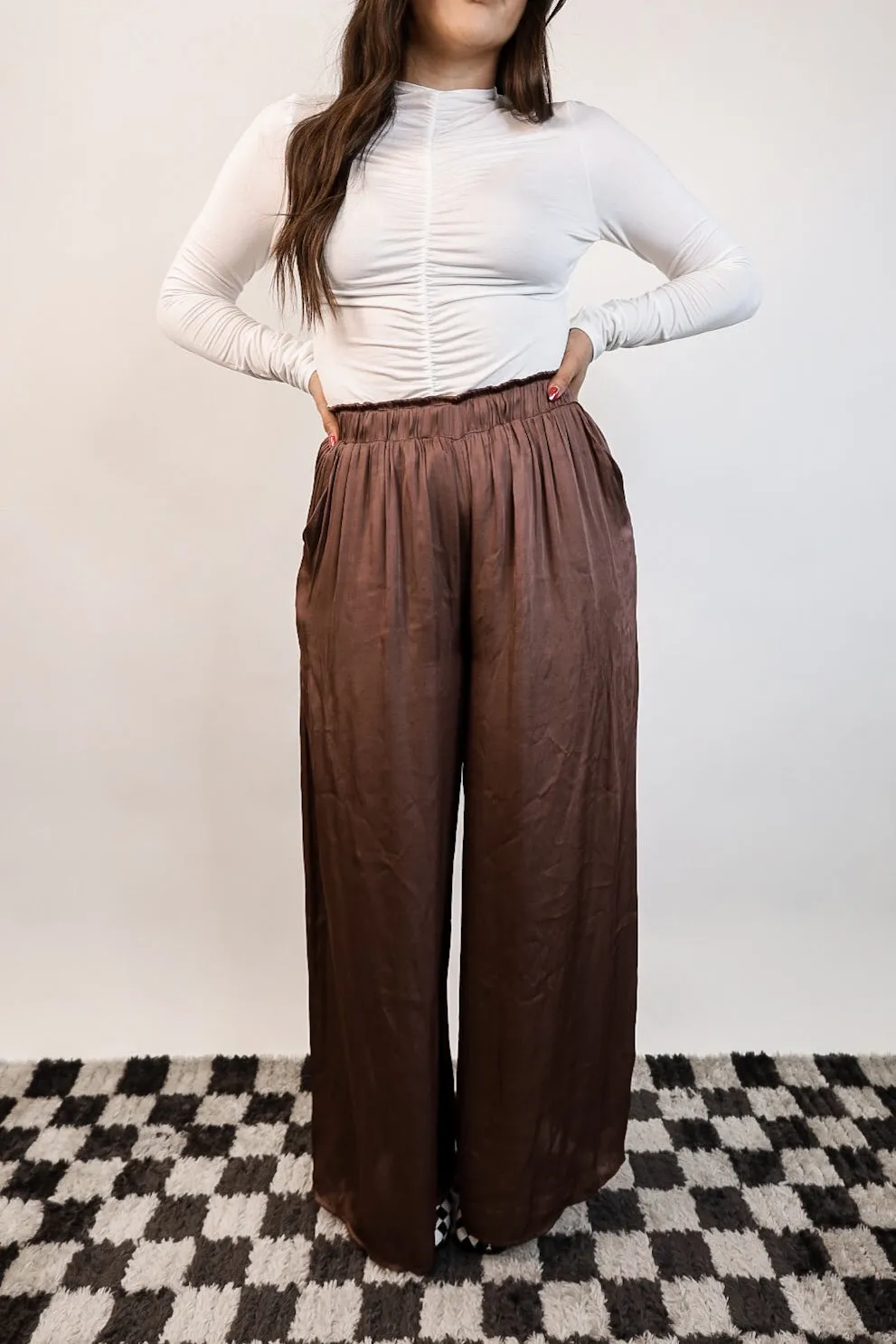 Lourdes Satin Wide-Leg Pants - Espresso