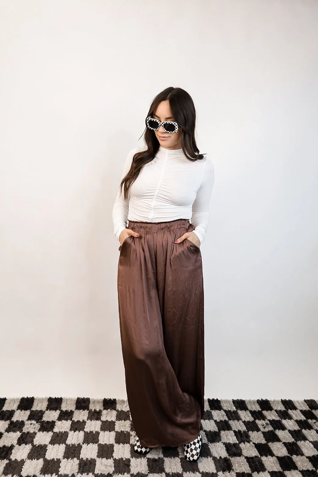 Lourdes Satin Wide-Leg Pants - Espresso