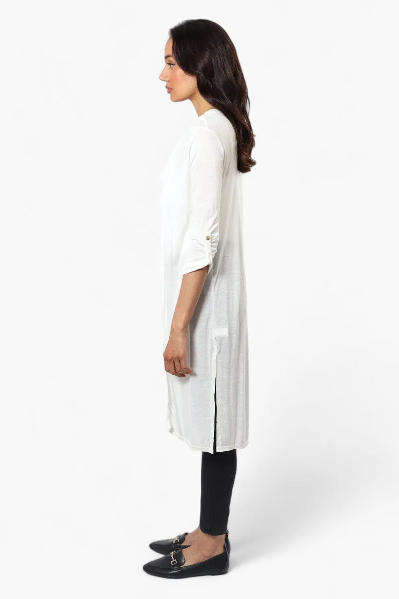 Magazine Roll Up Sleeve Open Duster Cardigan - White