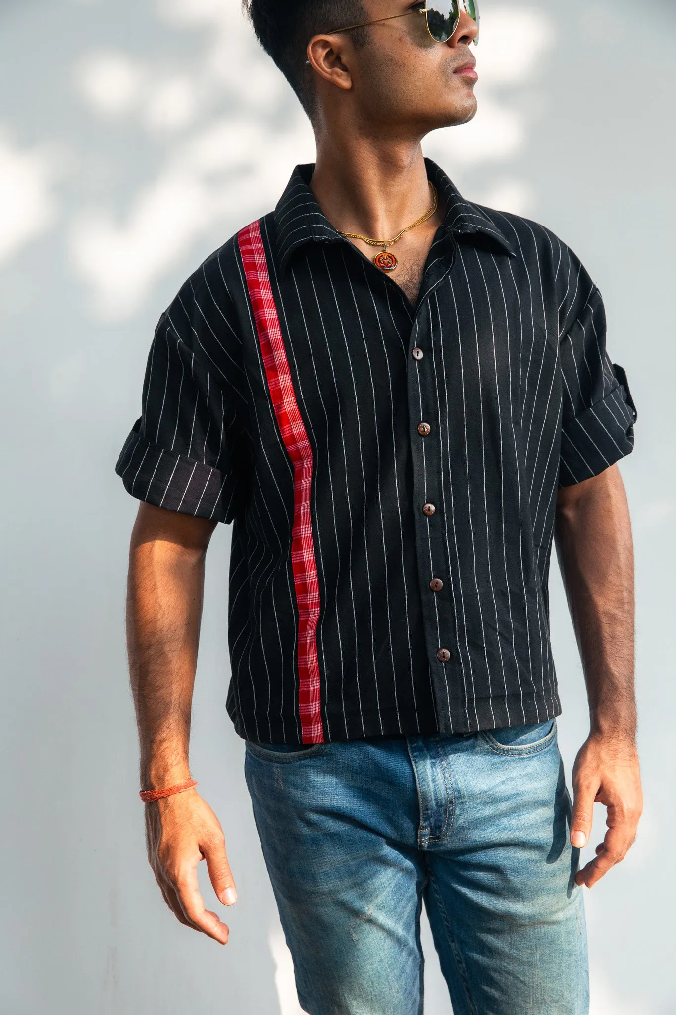 Men's Crop Shirt - Black Pinstripe w/ Red