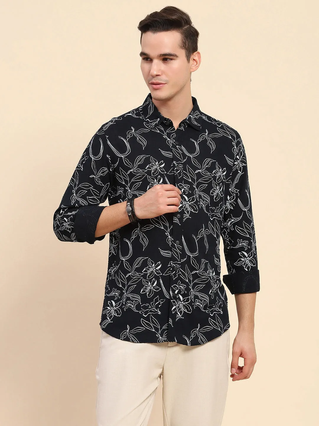 Navy Blue Cotton Blend Floral Print Casual Shirt