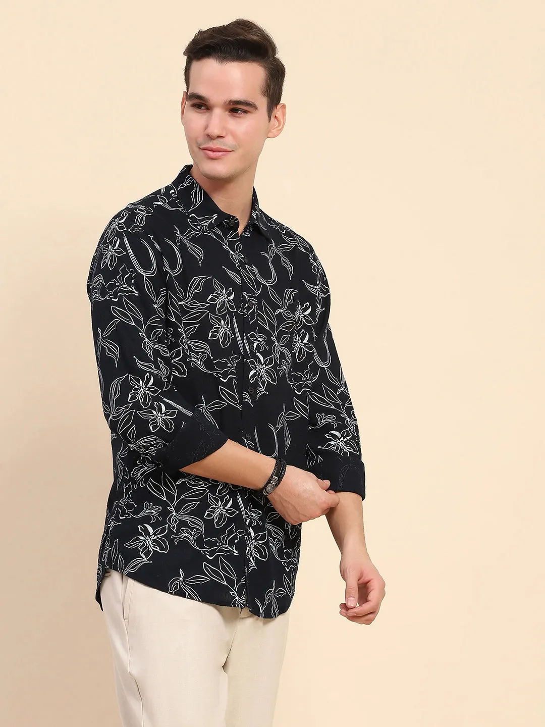 Navy Blue Cotton Blend Floral Print Casual Shirt