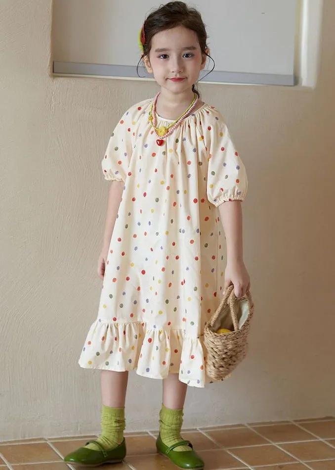 New Apricot O Neck Print Cotton Girls Long Dresses Summer EW040