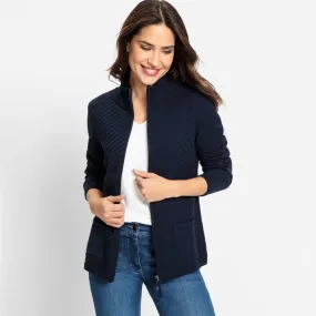 Olsen Ribbed Jacket With High Neck and Zip in Navy