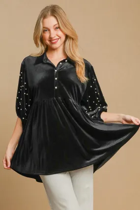 Pearl Detail Half Sleeve Velvet Babydoll Blouse