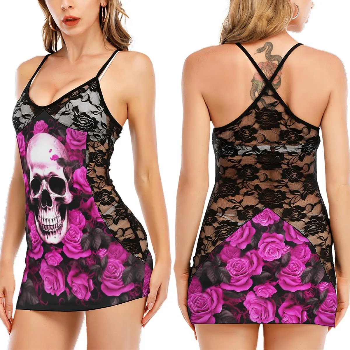 Pink Rose Skull Black Lace Sleepwears Babydol Dresses