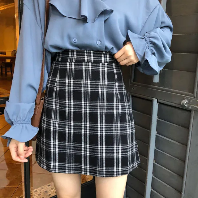 Posey - Women's Dark Spring Academia Plaid Spring Mini Skirt