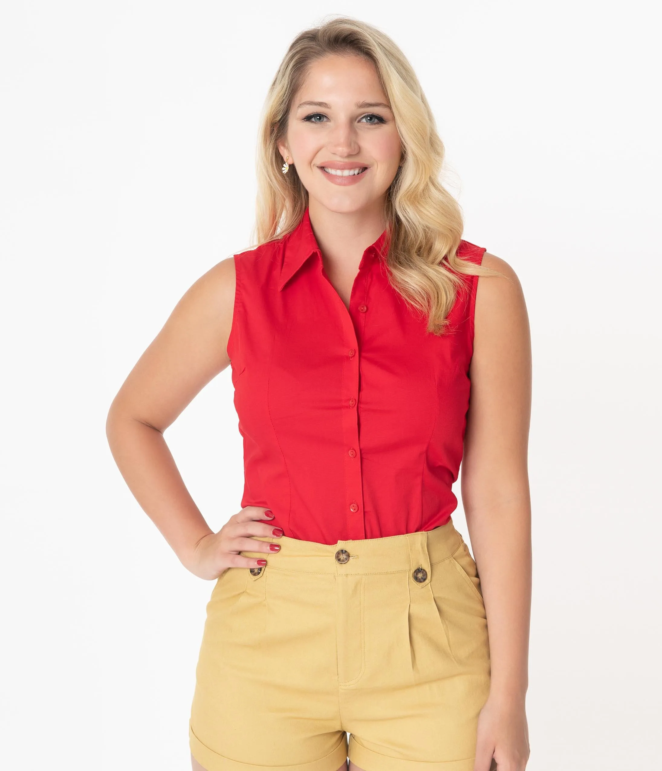 Retro Red Sleeveless Collared Cotton Button Up Blouse