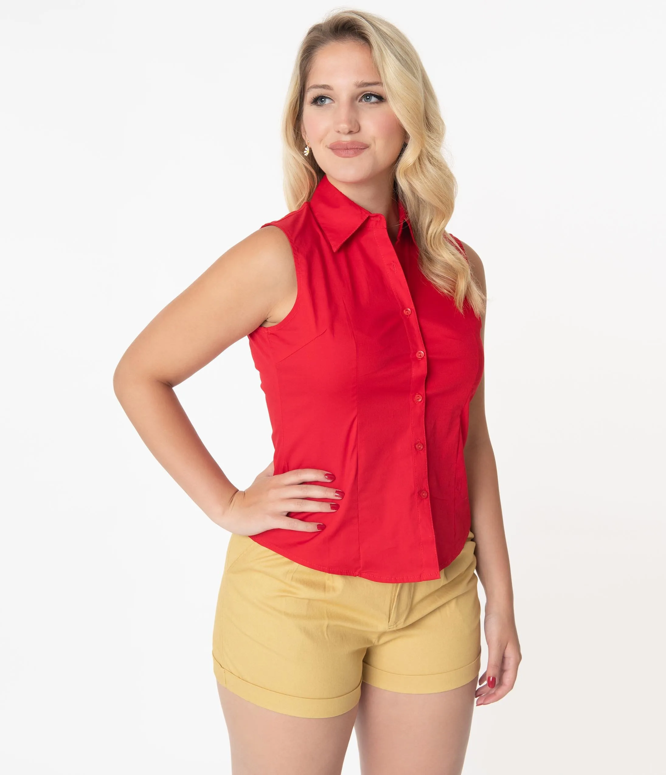 Retro Red Sleeveless Collared Cotton Button Up Blouse