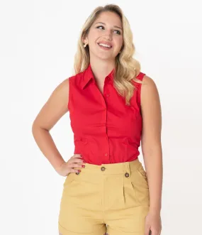 Retro Red Sleeveless Collared Cotton Button Up Blouse