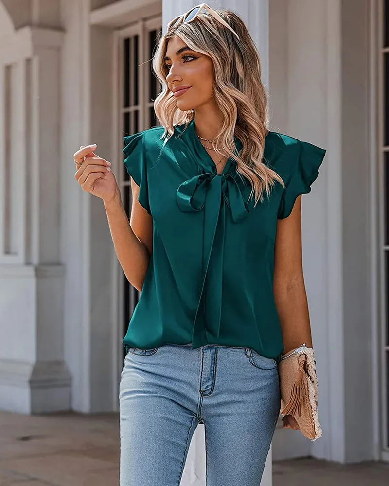 Satin Blouses for Women Sleeveless Bow Tops Ruffle Trim Spring Top S-XXL - Zeagoo (Us Only)