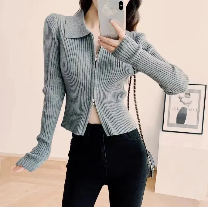 Smooth Cozy Elegant Slim Stylish Lapel Zip Knit Cropped Cardigan Sweater