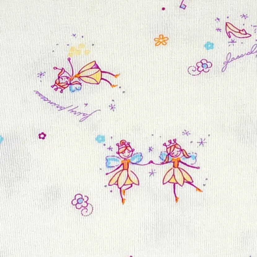 Spandex Blend Knit Fabric, 4-Way Stretch, Cute Fairies and Castle Print on Cream. Cute and So Comfortable, Sold by the 1/2 yard