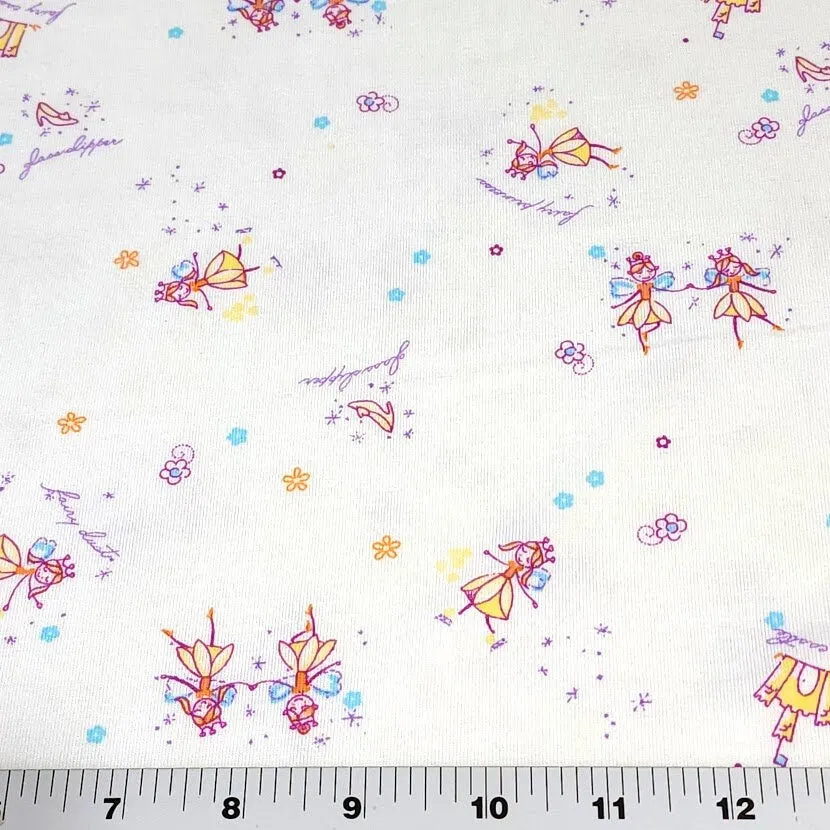 Spandex Blend Knit Fabric, 4-Way Stretch, Cute Fairies and Castle Print on Cream. Cute and So Comfortable, Sold by the 1/2 yard