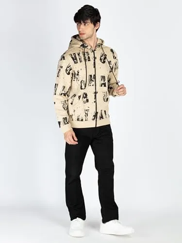 Status Quo Mens All Over Printed Hooded Sweatshirt Beige