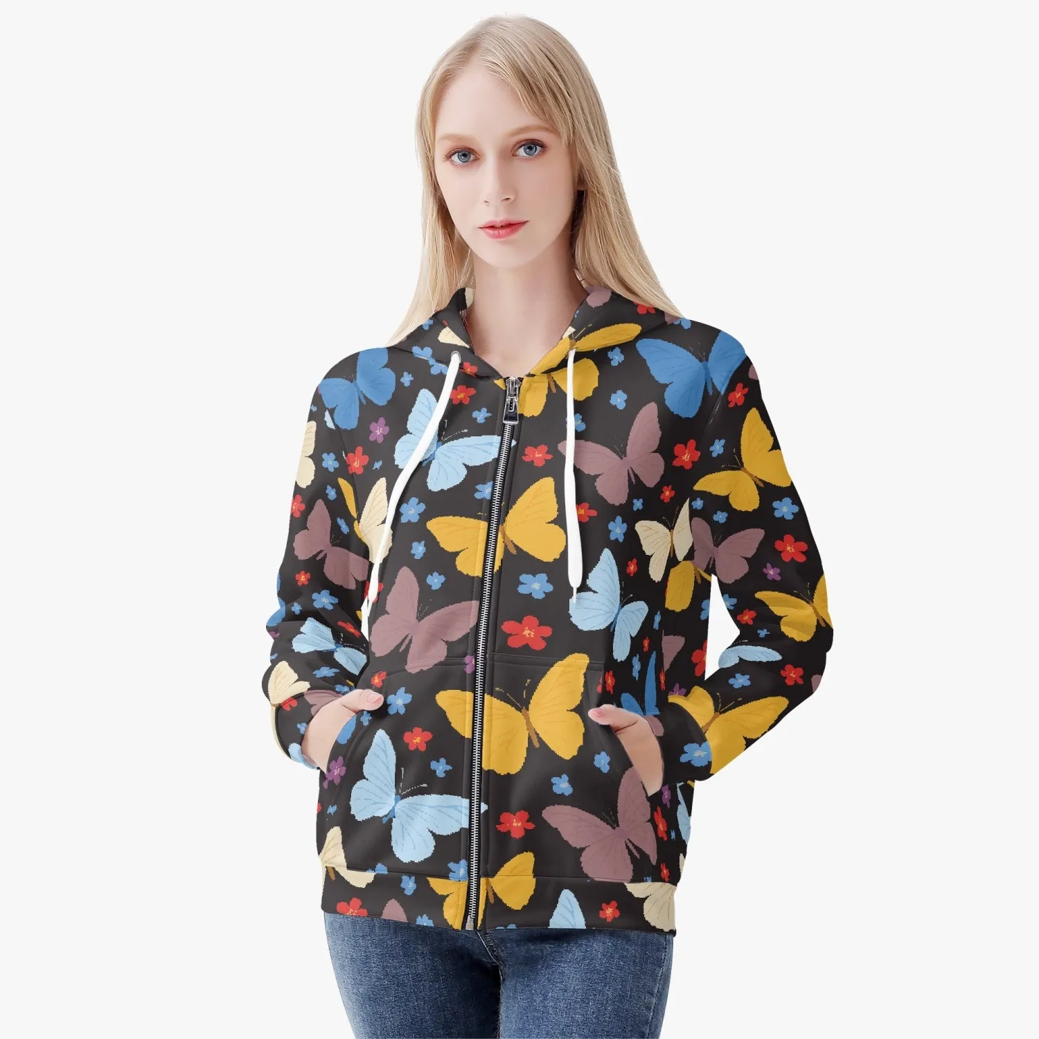 Veste à capuche zippée AOP pour femme "Noir, Papillons multicolores" (221)