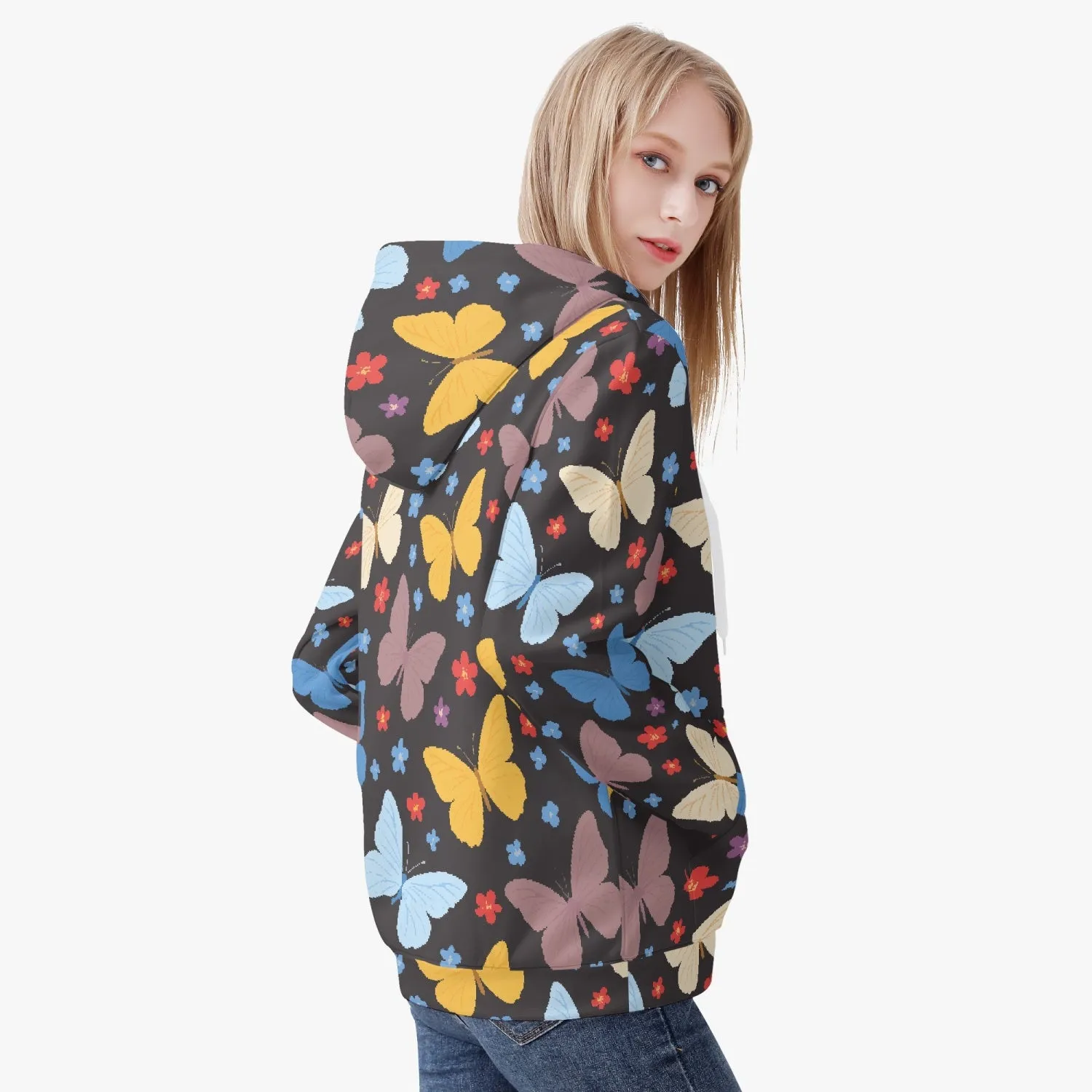 Veste à capuche zippée AOP pour femme "Noir, Papillons multicolores" (221)