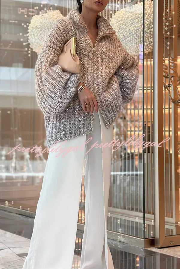 Warm Shining Heart Knit Sequin Balloon Sleeve Zipper Neck Loose Cardigan