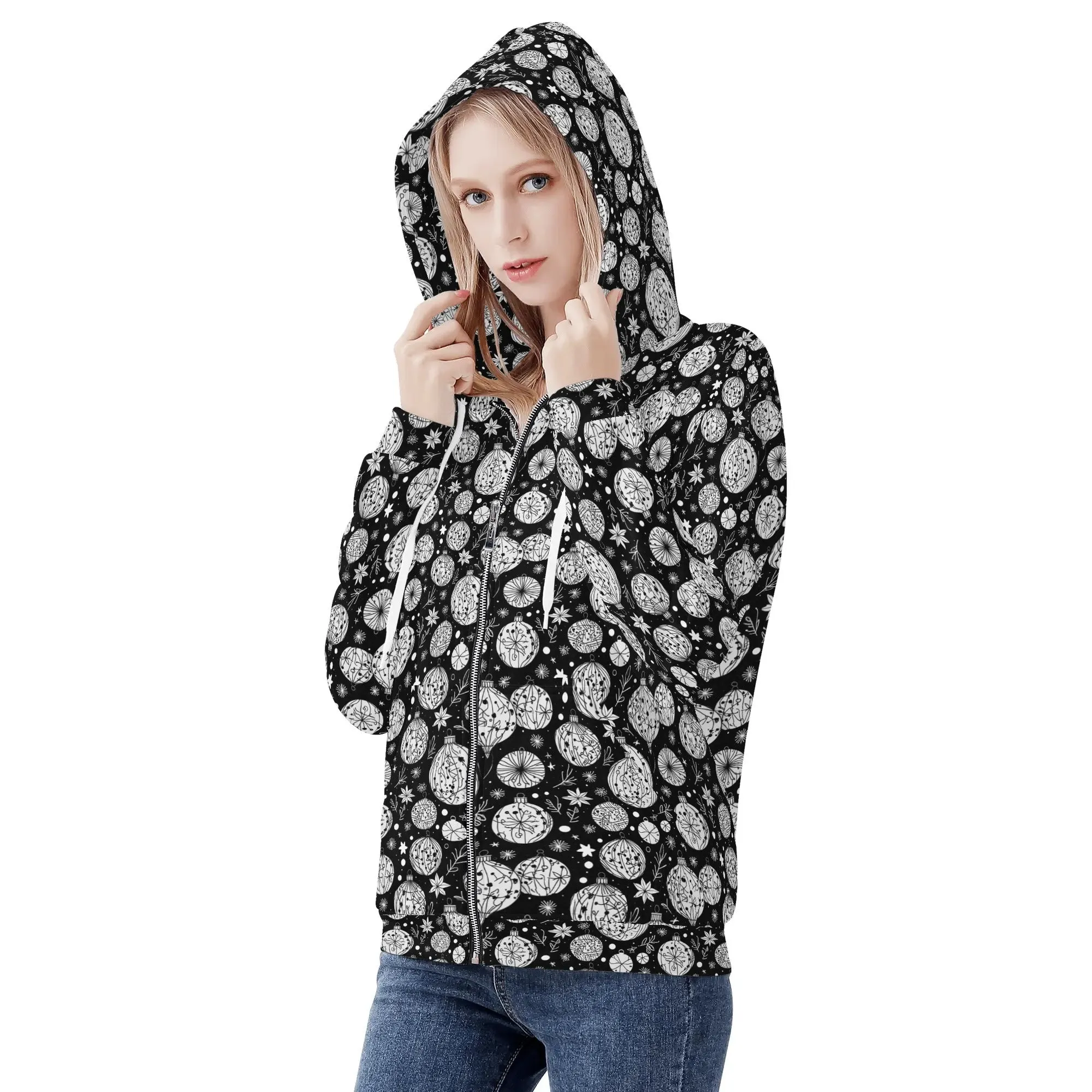 Womens Black and White Christmas Ornament Classic Zip Up Hoodie