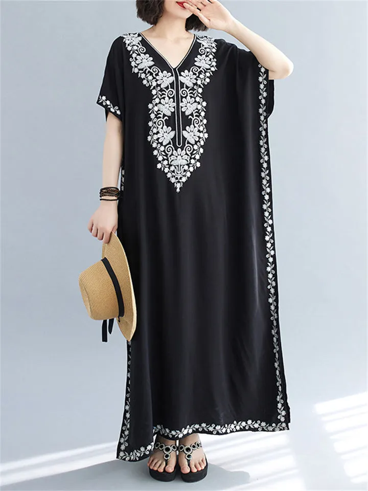 Women's Comfortable Floral Embroideried V Neck Kaftan Dress