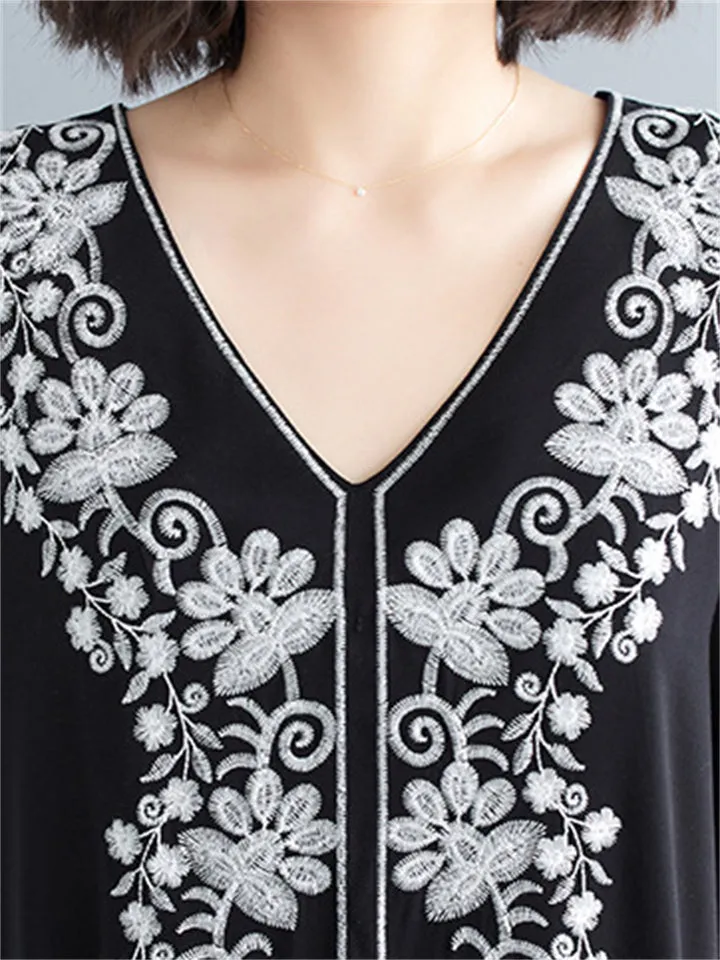 Women's Comfortable Floral Embroideried V Neck Kaftan Dress