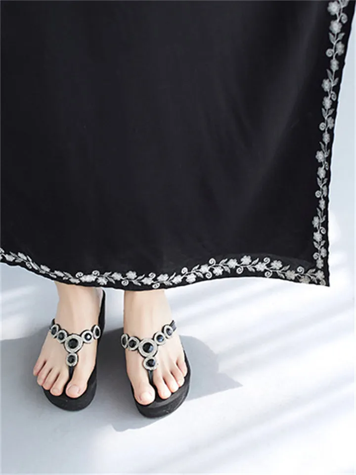 Women's Comfortable Floral Embroideried V Neck Kaftan Dress