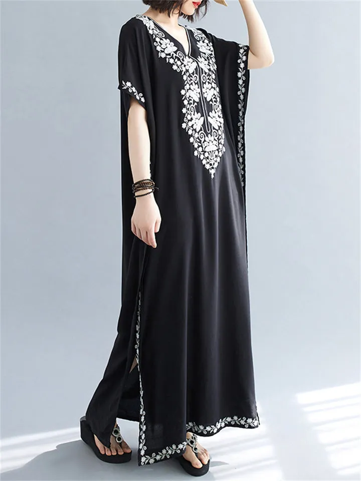 Women's Comfortable Floral Embroideried V Neck Kaftan Dress