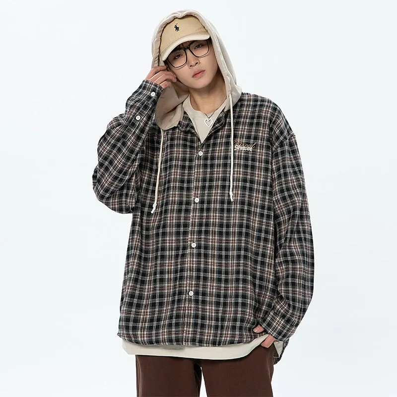 xiangtuibao Spring Summer Trendy Style Baggy Plaid Hooded Shirts Long Sleeve For Men Oversized Fashion Cardigan Blouse High Quality Harajuku