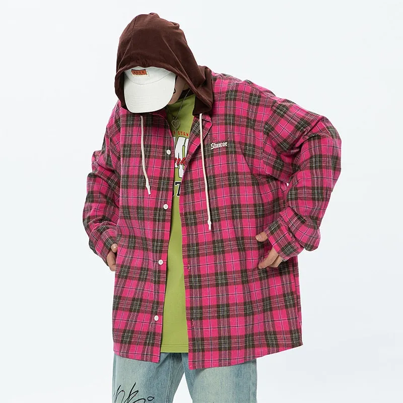 xiangtuibao Spring Summer Trendy Style Baggy Plaid Hooded Shirts Long Sleeve For Men Oversized Fashion Cardigan Blouse High Quality Harajuku