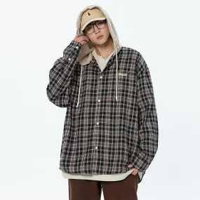 xiangtuibao Spring Summer Trendy Style Baggy Plaid Hooded Shirts Long Sleeve For Men Oversized Fashion Cardigan Blouse High Quality Harajuku